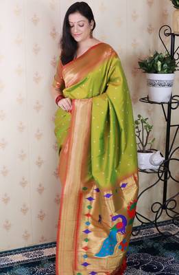 light green paithani silk saree with bandhani zari work 3