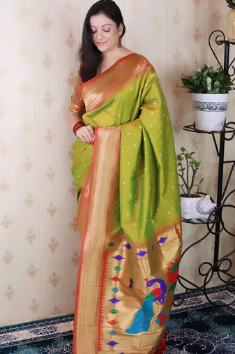 light green paithani silk saree with bandhani zari work