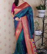 teal paithani silk saree with bandhani zari work