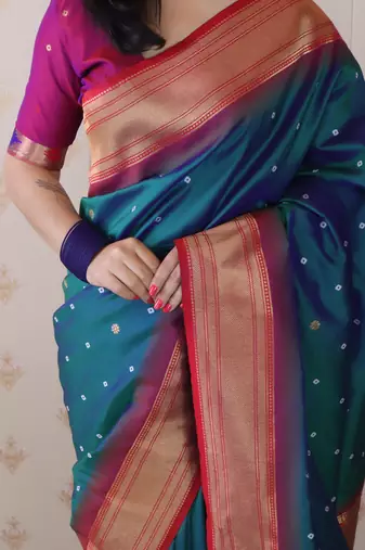 teal paithani silk saree with bandhani zari work