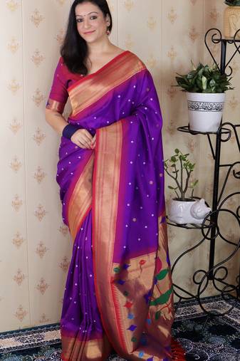 Purple paithani silk bandhani zari weaving saree with contrast blouse piece