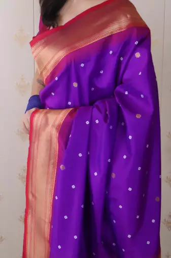 purple paithani silk saree with bandhani zari work