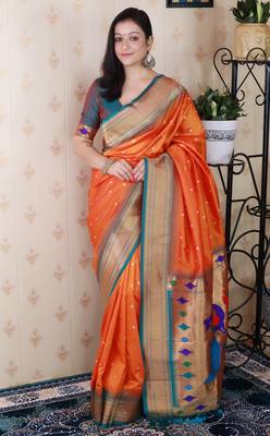 orange paithani silk saree with bandhani zari work 1