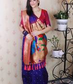 navy blue paithani silk saree with bandhani zari work