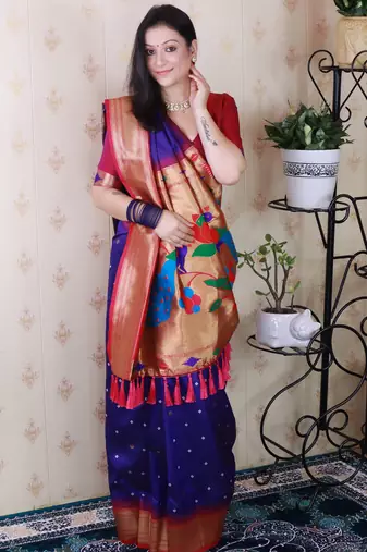 navy blue paithani silk saree with bandhani zari work