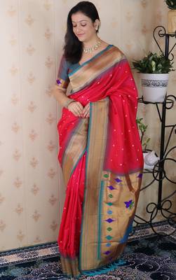 pink paithani silk saree with woven zari pattern 3