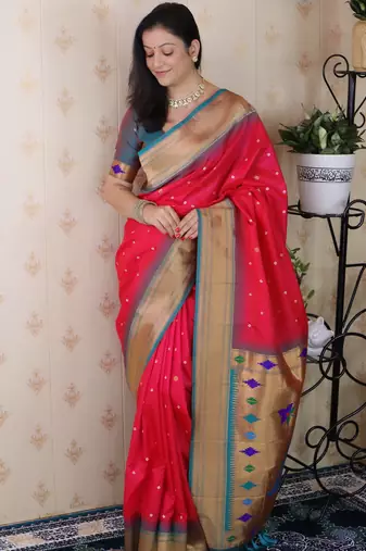 pink paithani silk saree with woven zari pattern