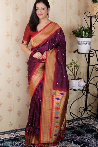 Purple paithani silk bandhani zari weaving saree with contrast blouse piece