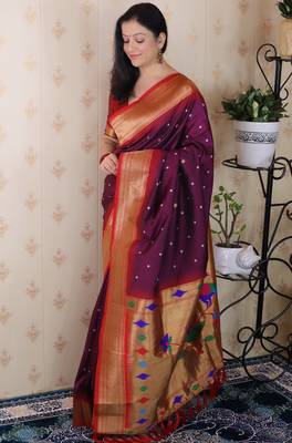 purple paithani silk saree with woven zari work 4