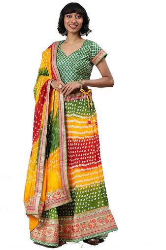 Multicolor Hand Dyed Silk Bandhani Lehenga Set with Dupatta