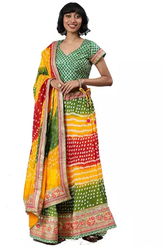 Multicolor Hand Dyed Silk Bandhani Lehenga Set with Dupatta