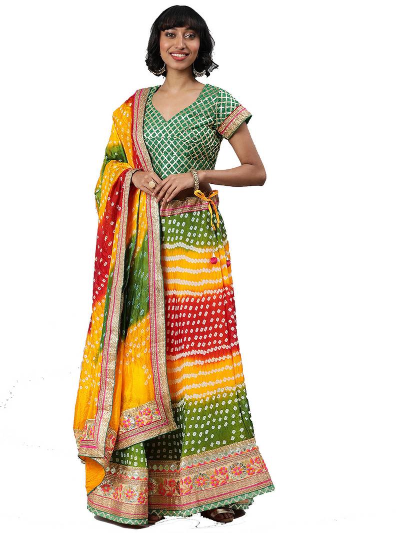 Multicolor Hand Dyed Silk Bandhani Lehenga Set with Dupatta