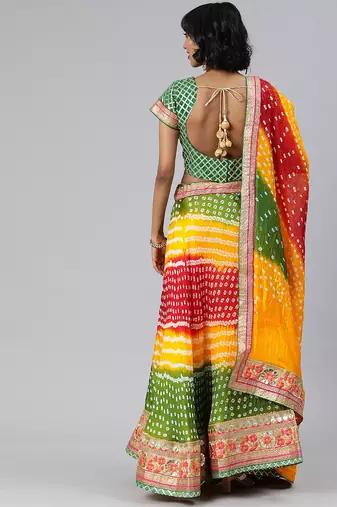 multicolor silk bandhani hand dyed lehenga set with dupatta