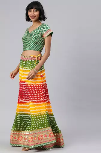 multicolor silk bandhani hand dyed lehenga set with dupatta