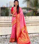 pink bandhani soft silk saree with zari weaving border