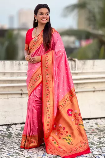pink bandhani soft silk saree with zari weaving border