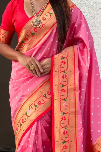 pink bandhani soft silk saree with zari weaving border