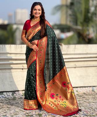 green bandhani soft silk saree with zari weaving border 1