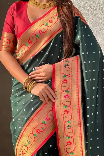 green bandhani soft silk saree with zari weaving border