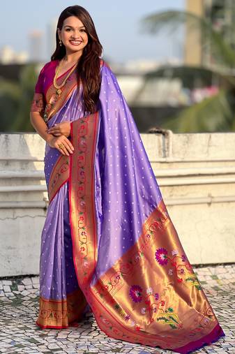 Lavender soft silk bandhani zari weaving saree with contrast blouse piece