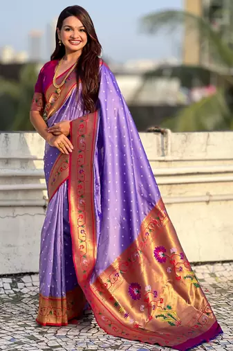 Lavender soft silk bandhani zari weaving saree with contrast blouse piece