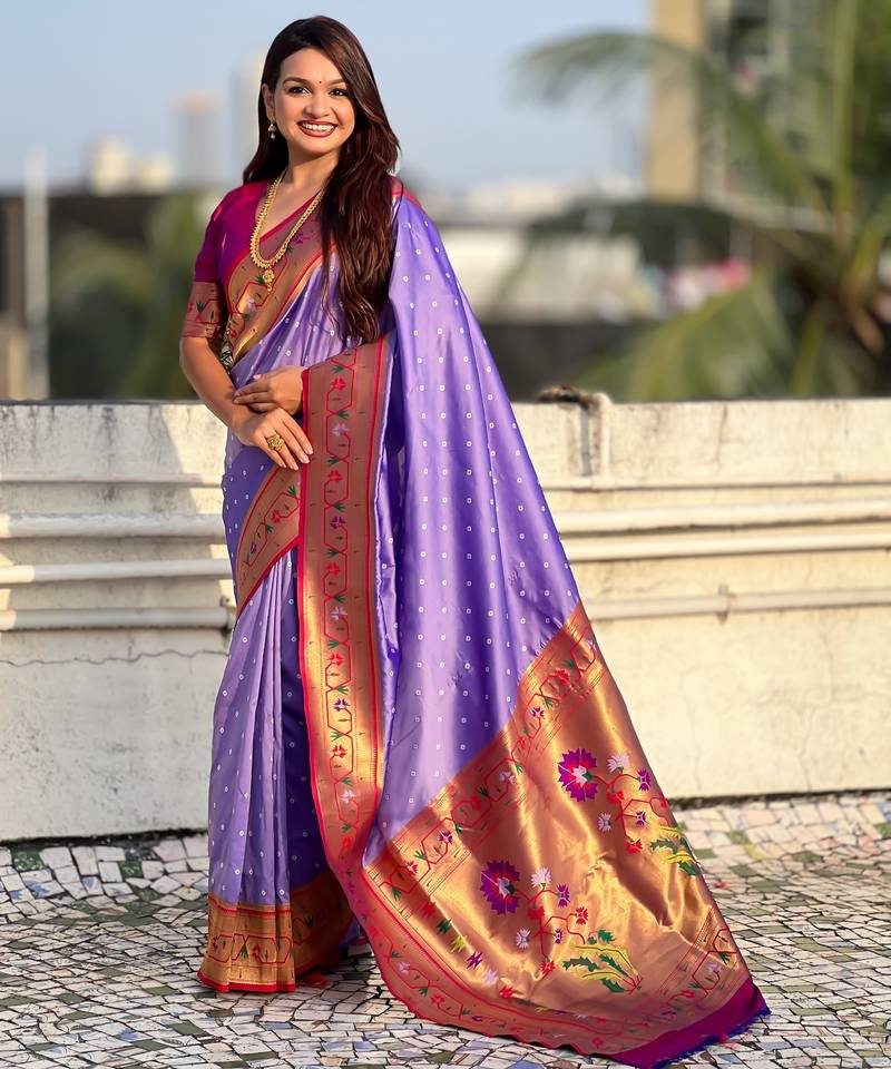 Lavender soft silk bandhani zari weaving saree with contrast blouse piece