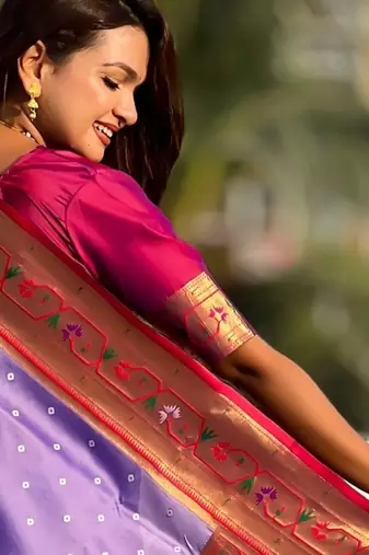 lavender bandhani soft silk saree with zari weaving border