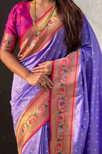 lavender bandhani soft silk saree with zari weaving border