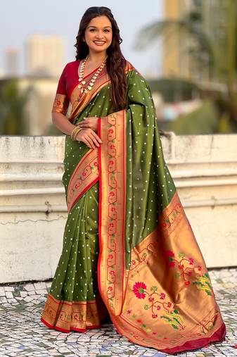 Olive soft silk bandhani zari weaving saree with contrast blouse piece