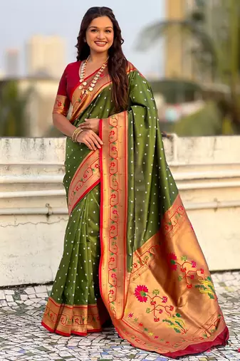 Olive soft silk bandhani zari weaving saree with contrast blouse piece