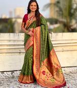 olive bandhani soft silk saree with zari weaving border