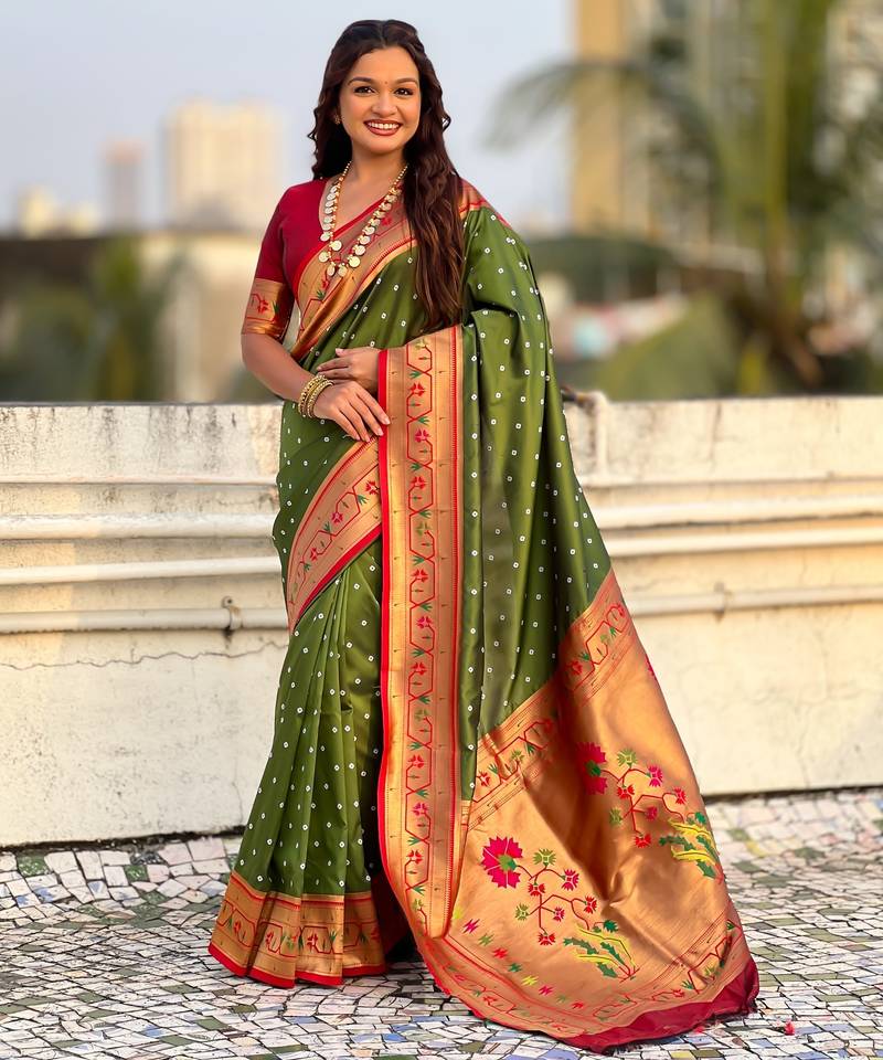 Olive soft silk bandhani zari weaving saree with contrast blouse piece