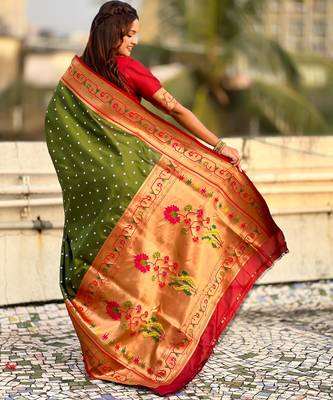 olive bandhani soft silk saree with zari weaving border 2
