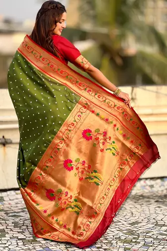 olive bandhani soft silk saree with zari weaving border