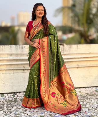 olive bandhani soft silk saree with zari weaving border 3