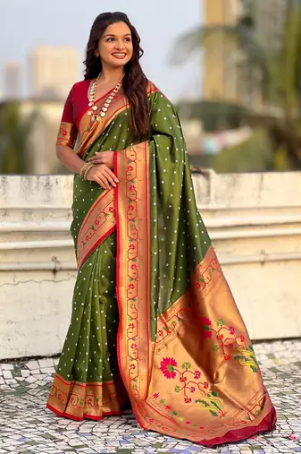 olive bandhani soft silk saree with zari weaving border