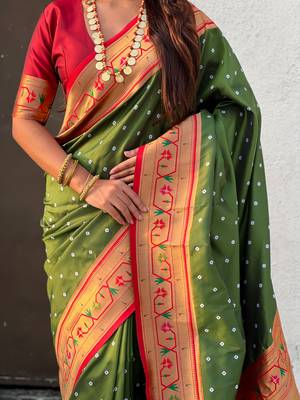 olive bandhani soft silk saree with zari weaving border 4