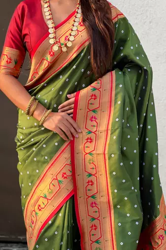 olive bandhani soft silk saree with zari weaving border