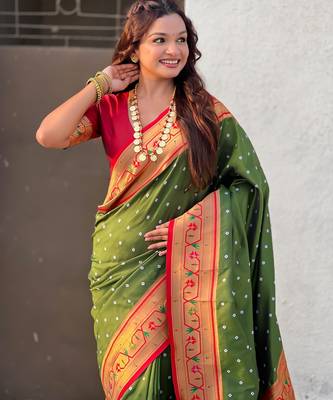 olive bandhani soft silk saree with zari weaving border 5