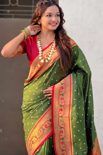 olive bandhani soft silk saree with zari weaving border