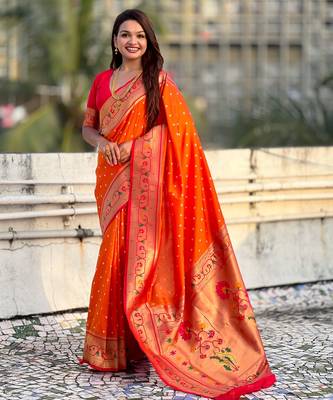 orange bandhani soft silk saree with zari weaving border 1
