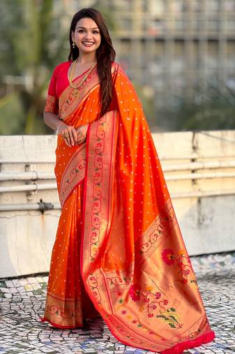 Orange soft silk bandhani zari weaving saree with contrast blouse piece