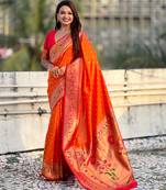 orange bandhani soft silk saree with zari weaving border