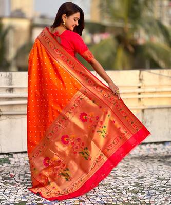 orange bandhani soft silk saree with zari weaving border 2