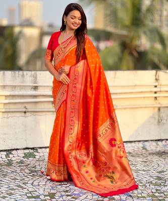 orange bandhani soft silk saree with zari weaving border 3