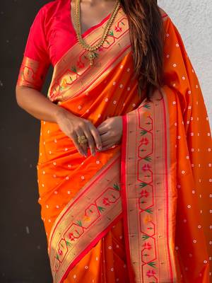 orange bandhani soft silk saree with zari weaving border 4