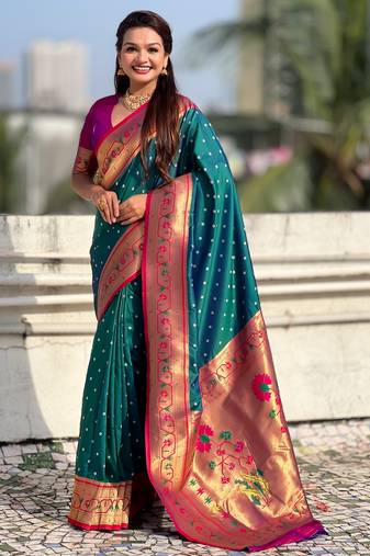 Teal soft silk bandhani zari weaving saree with contrast blouse piece