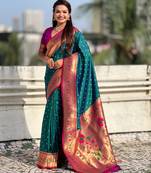 teal bandhani soft silk saree with zari weaving border