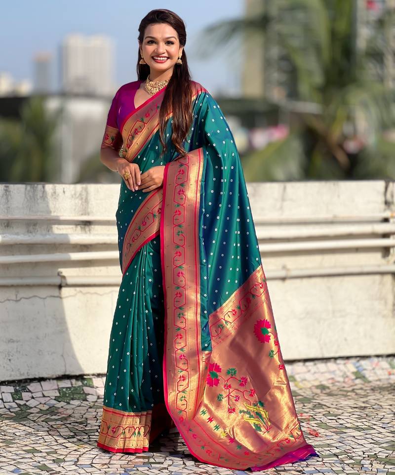 Teal soft silk bandhani zari weaving saree with contrast blouse piece