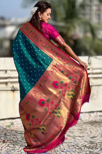 teal bandhani soft silk saree with zari weaving border